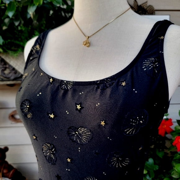 BENDIGO ♡ Gorgeous Vintage 1pc Black 'n Gold Beach Shells Bralette Swimsuit 7 - Picture 4 of 17